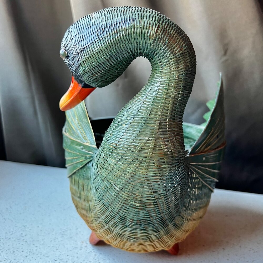 Handcrafted Woven Duck Basket Green & Orange Decorative Storage Piece Natural - Picture 2 of 10